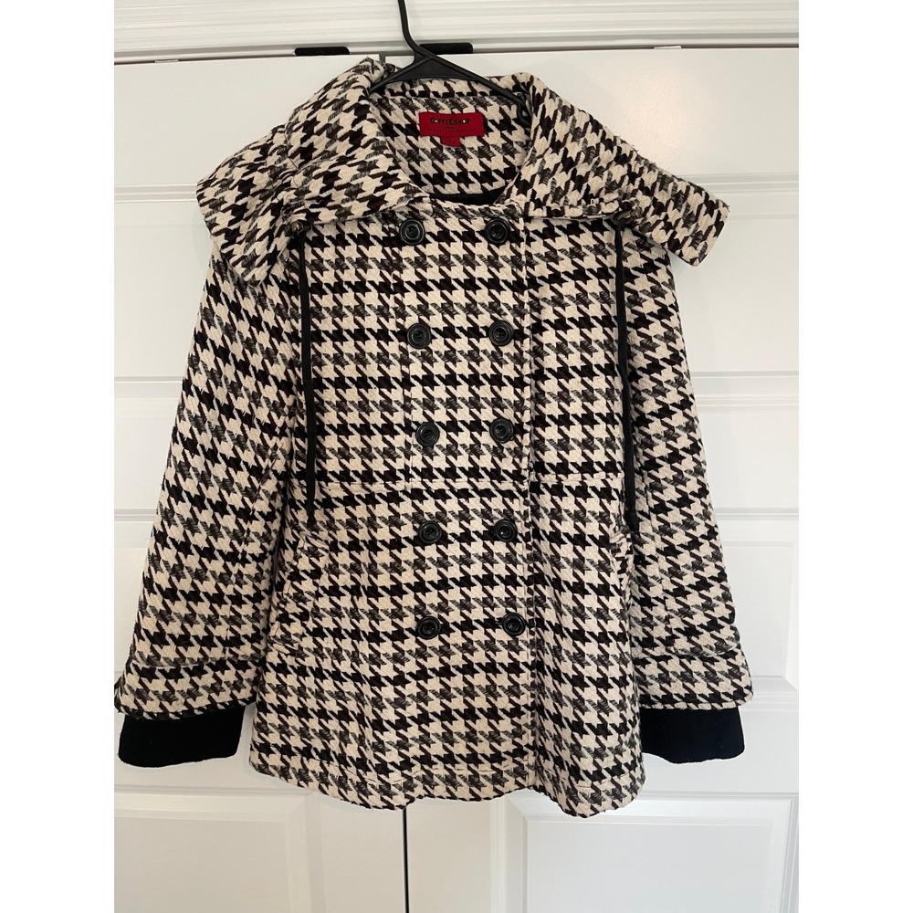 Coffeeshop Red Houndstooth Peacoat Black White Double Breasted Hooded Jacket L